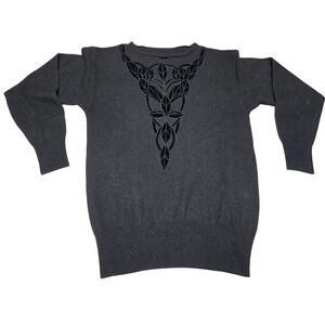 Vintage Black Knit Sweater w Velvet Flocked Leaf Design Minimalist 80s 90s